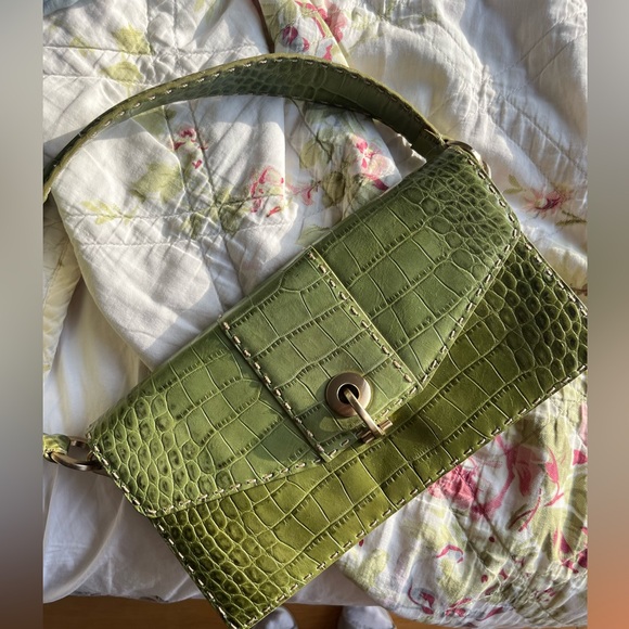 Lime green croc print leather clutch top handle bag vintage Ann Taylor - Picture 2 of 8